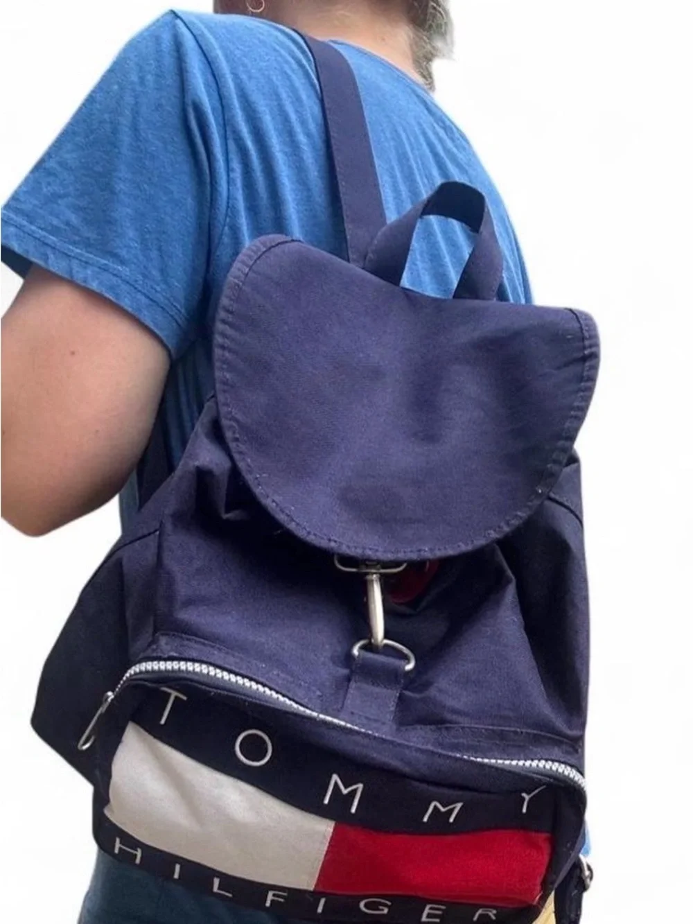 Vintage 90s Tommy Hilfiger Canvas Backpack - Classic Spell out Flag Bag